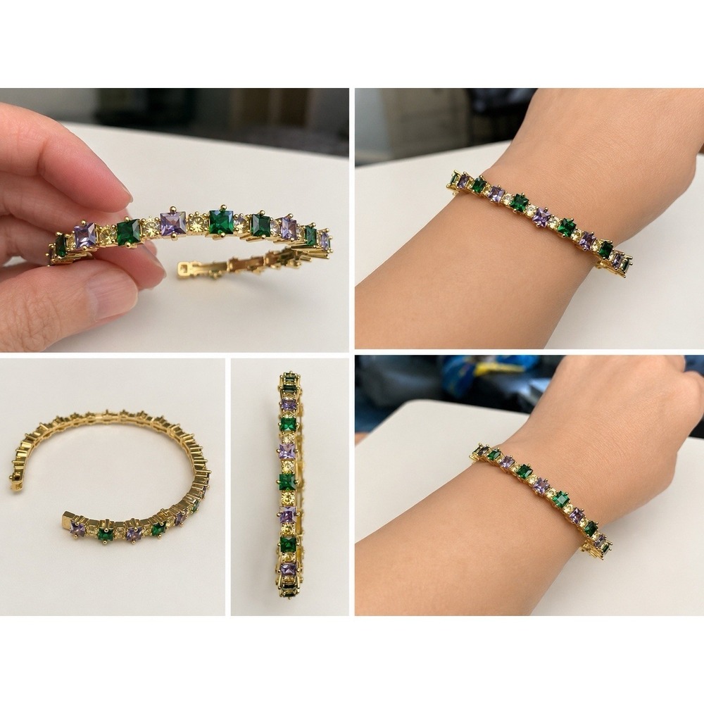 Gold Plated Multicolor CZ Cuff Bracelet Green Purple Clear Brass Waterproof